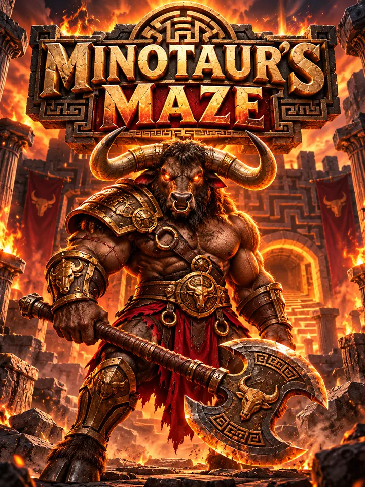 Minotaur’s Maze cover — the Minotaur with a double axe in a burning labyrinth