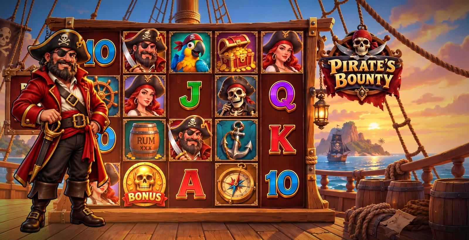 Pirate's Bounty — the captain on deck in front of the reels at sunset