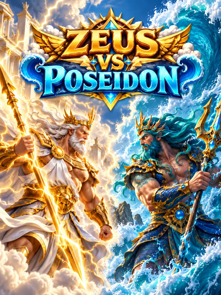 Zeus vs Poseidon cover — Zeus in lightning facing Poseidon in the waves